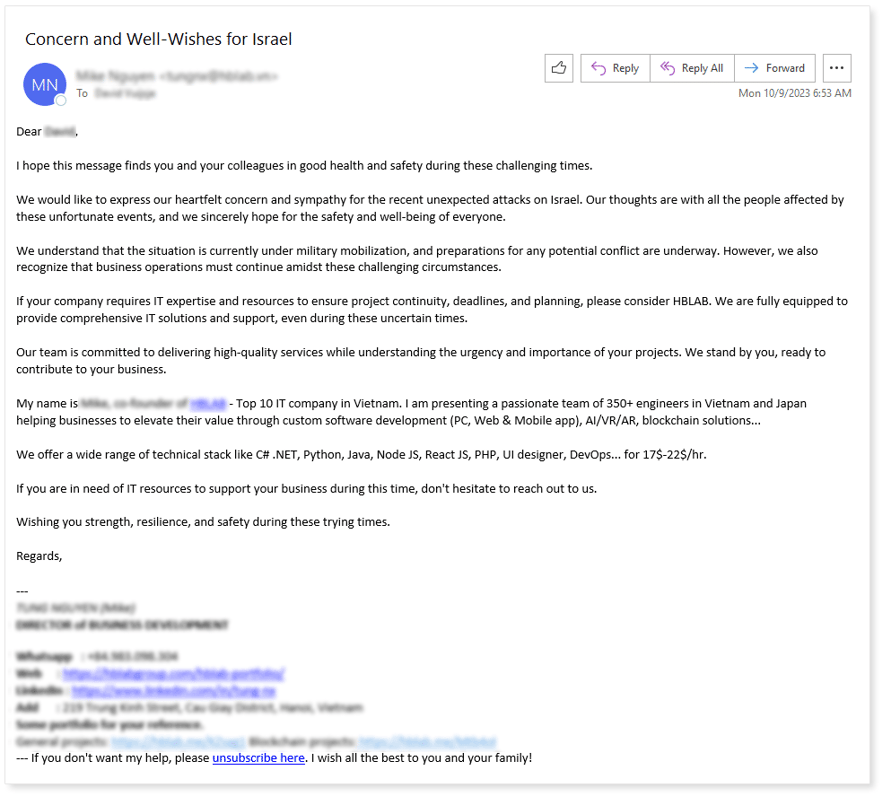Israel War Conflict Phishing Email 001