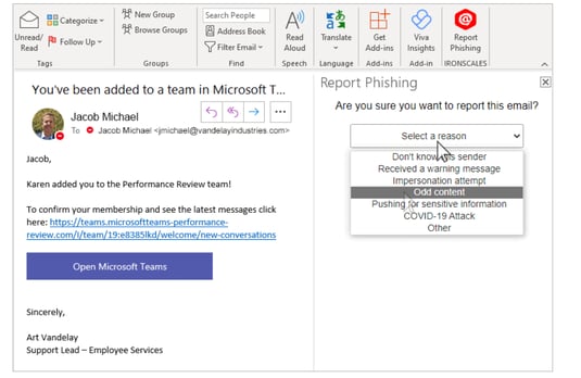 Microsoft report phishing button in Outlook