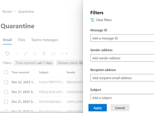 Microsoft Defender portal: reviewing quarantined email
