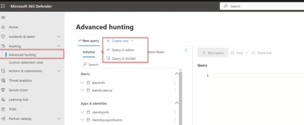 Microsoft Defender XDR advanced hunting query editor and schema