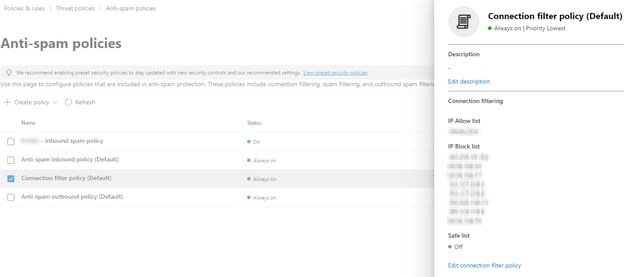 Microsoft Defender: connection filter policy