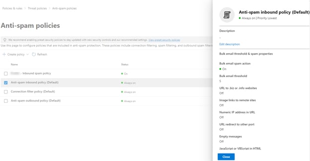 Microsoft Defender: anti-spam inbound policy