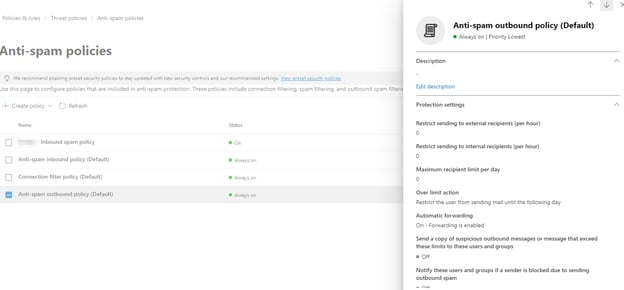 Microsoft Defender: anti-spam outbound policy