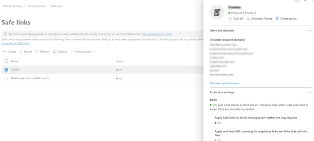 Microsoft Defender: safe links policy