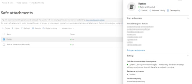 Microsoft Defender: safe attachments email policy