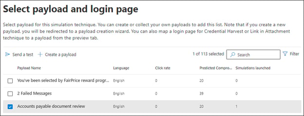 M365 phishing simulation: selecting the payload and login page