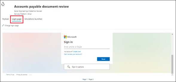 M365 phishing simulation: selecting the payload and login page