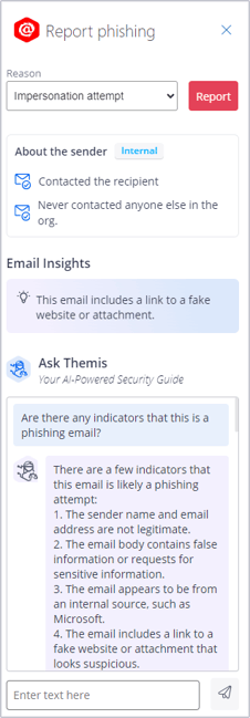 IRONSCALES Themis Copilot phishing report banner in Outlook