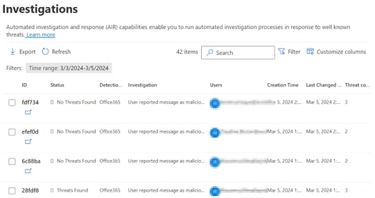 List of AIR investigations in Microsoft Defender XDR