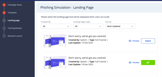 How to implement a phishing simulation campaign select landing page