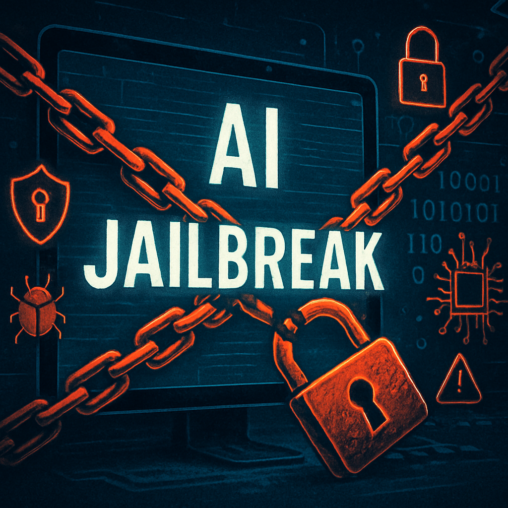 AI jailbreak concept illustration showing digital chains and a lock symbol over a computer screen, representing hacked artificial intelligence and cybersecurity threats.