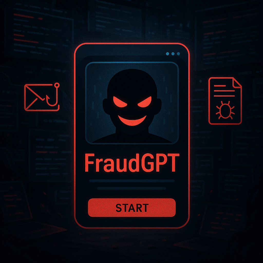 A menacing AI chatbot interface is visible with a sleek modern design that features red bold letters spelling FraudGPT