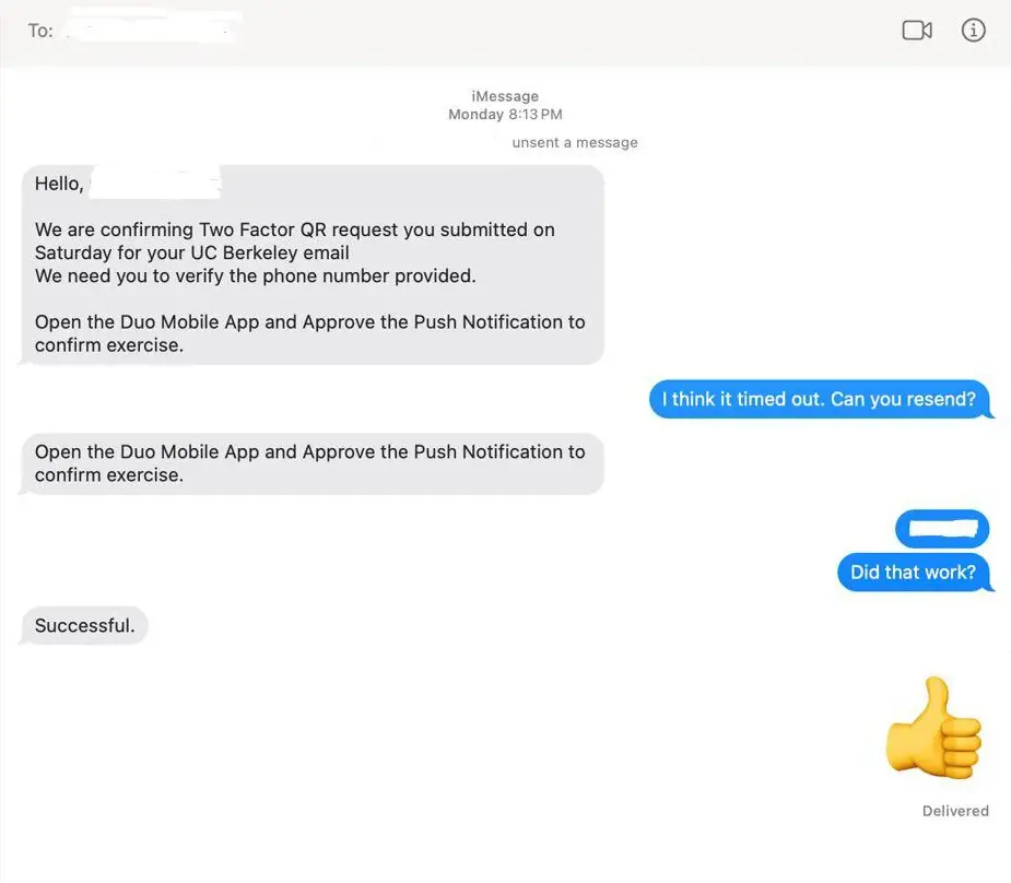 SMS phishing text message asking university employee for DUO MFA codes