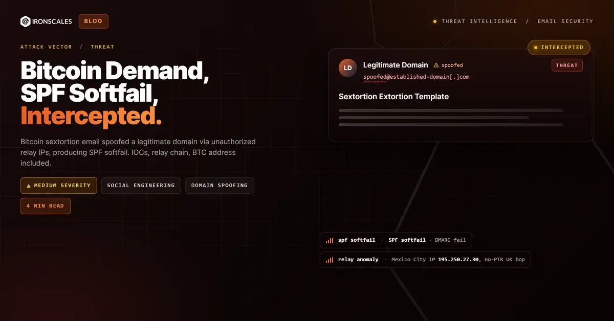 Bitcoin Sextortion via Spoofed Legitimate Domain: SPF Softfail Lets Extortion Template Through