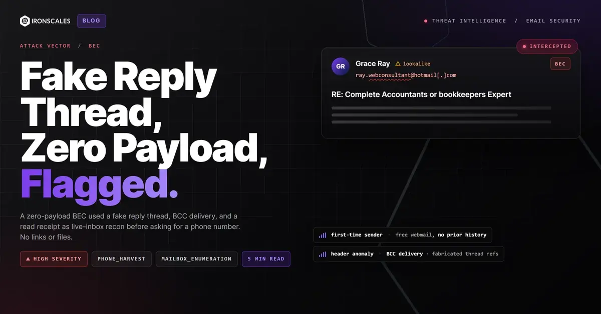 No Payload, No Links, No Attachments. Just a Fake Reply Thread, a Hidden BCC, and a Read Receipt Doing Recon.