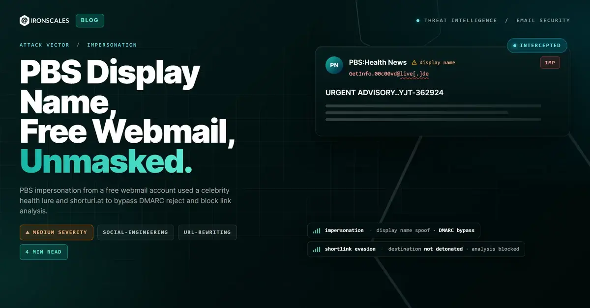 PBS in the Display Name, Free Webmail in the Headers: How Celebrity Health Lures Bypass DMARC Reject
