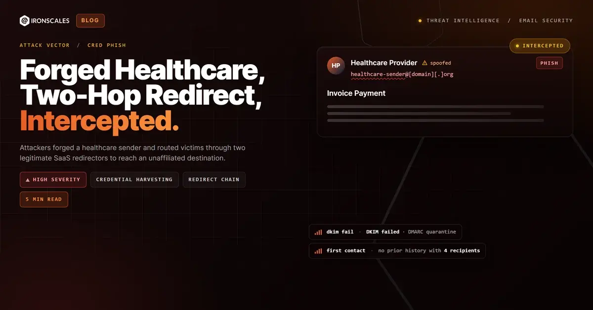 Forged Healthcare Sender, Two-Hop SaaS Redirect: How a Fake Invoice Opens a Phishing Chain