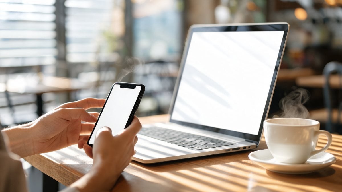 Hands holding a smartphone beside an open laptop and coffee cup on a sunlit table