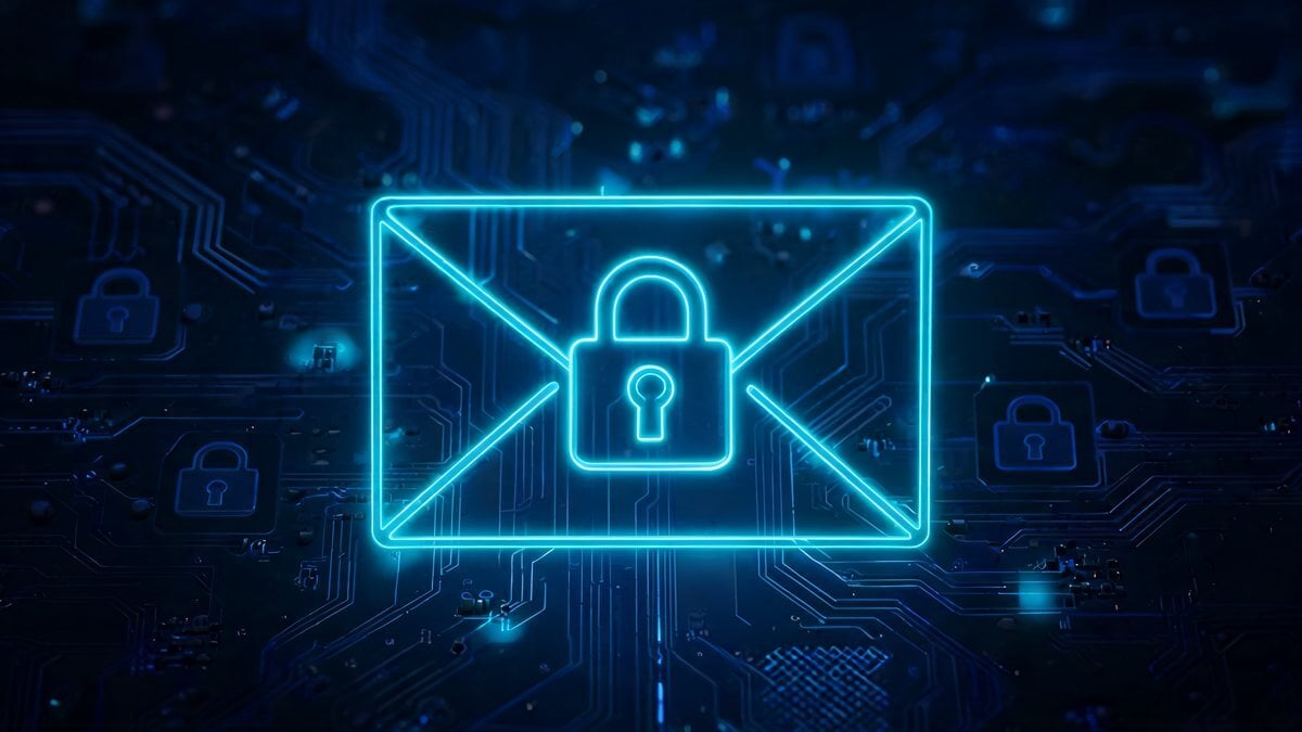 A glowing blue envelope with a padlock on a dark circuit board background