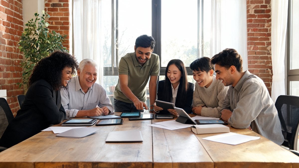 A diverse team of colleagues collaborating around a table in a bright brick-walled office