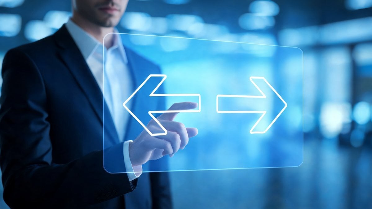 A businessperson touching a glowing screen with two arrows pointing in opposite directions