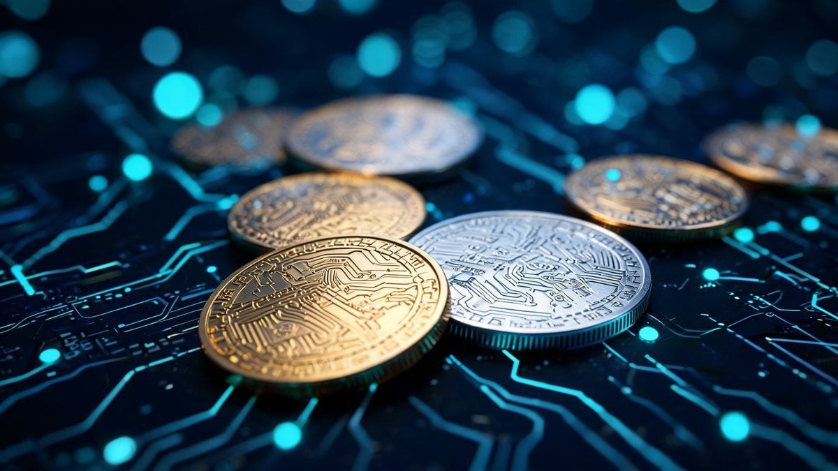 Gold and silver digital coins scattered across a dark blue glowing surface