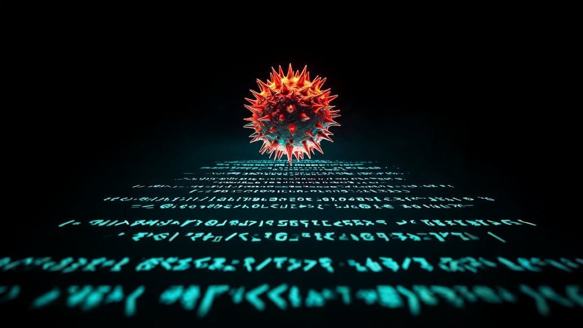 A glowing spiked red malware sphere above streams of cyan code on a black background