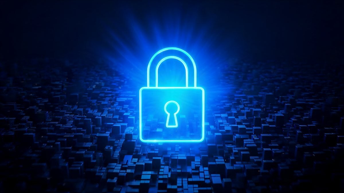 A glowing blue padlock at the center of a light burst over a dark pixel grid