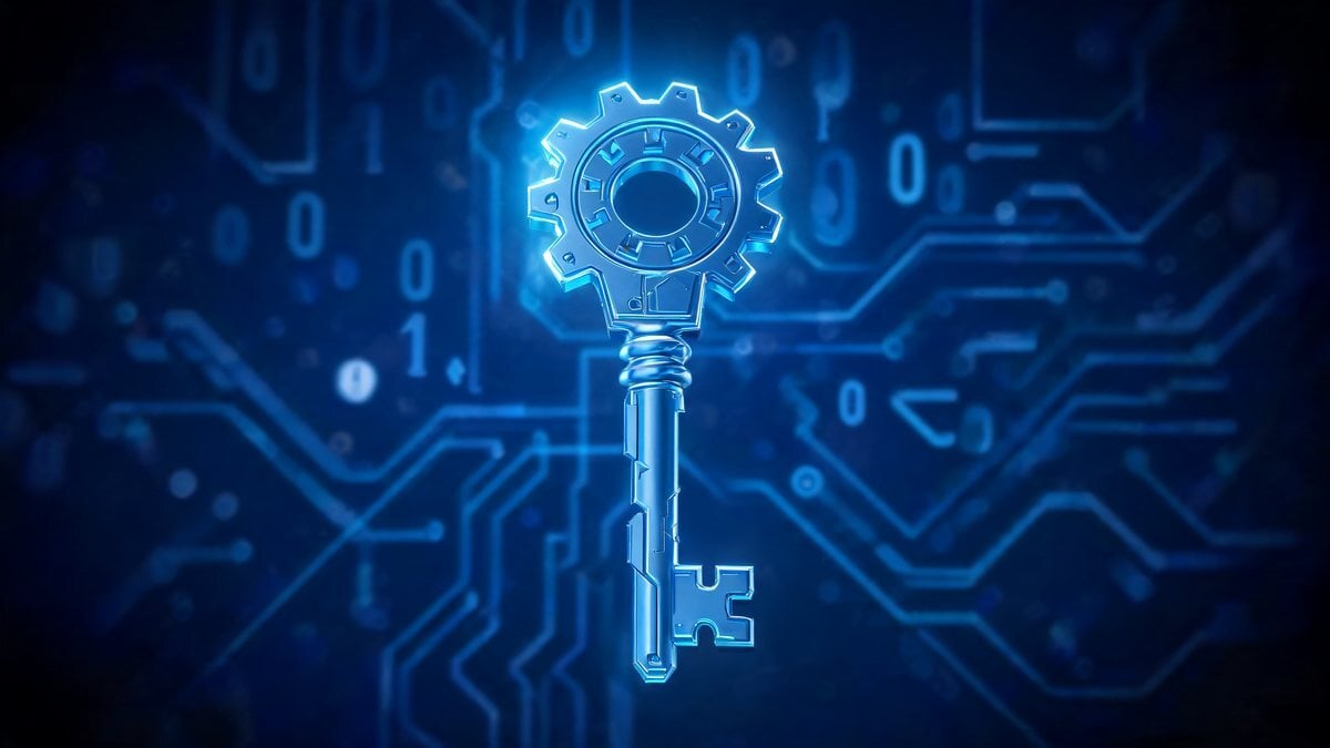 A glowing blue gear-headed key over a background of binary code