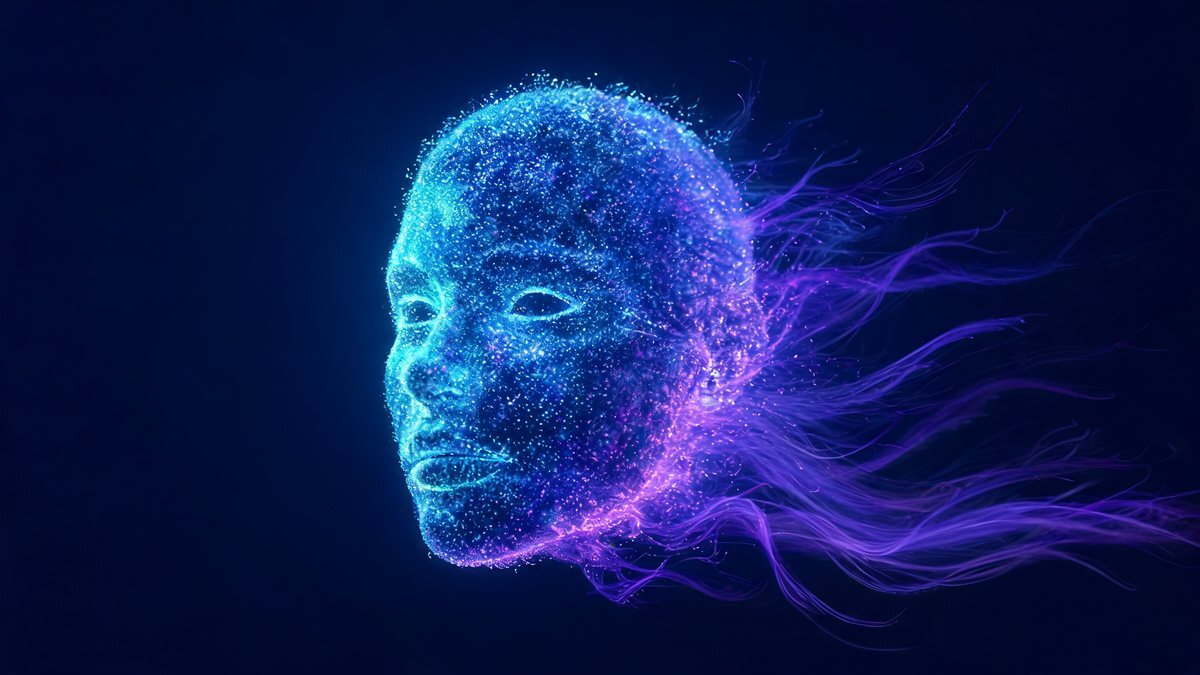 A glowing particle face with purple filaments streaming behind it on a dark blue background