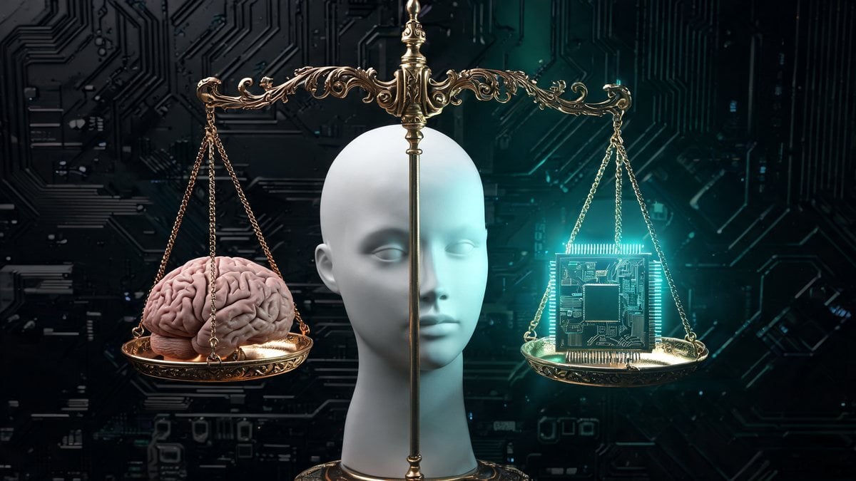 Scales balancing a human brain against a glowing computer chip