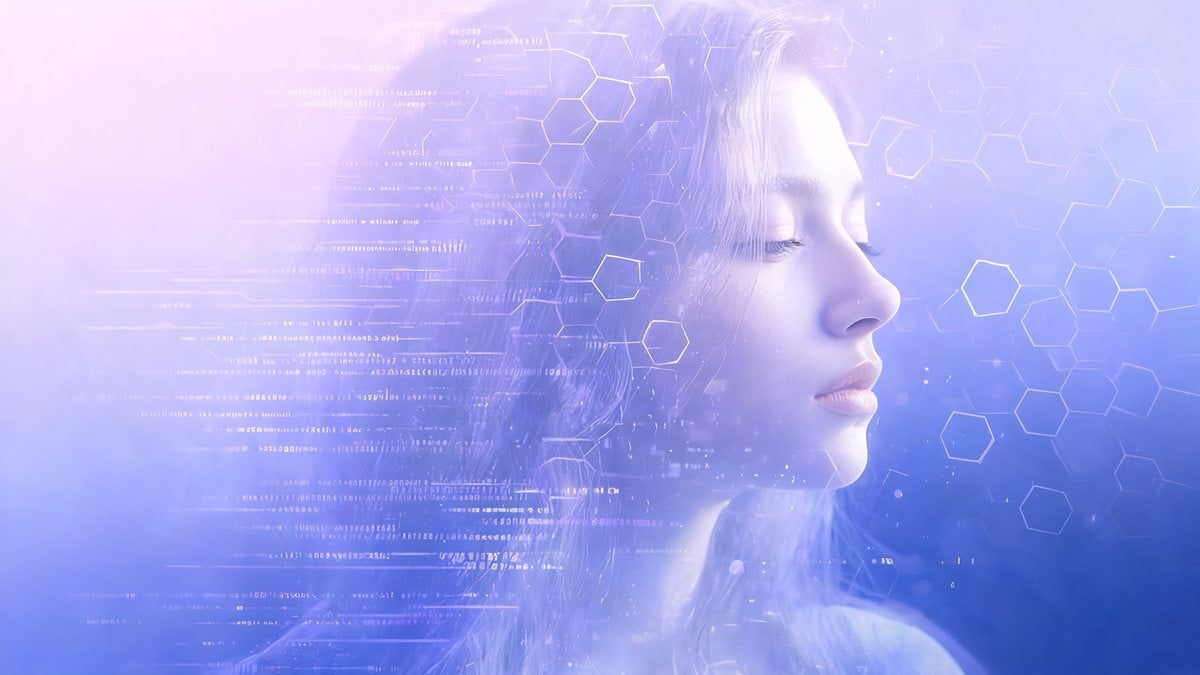 A woman's profile blended with code and hexagon patterns in lavender tones