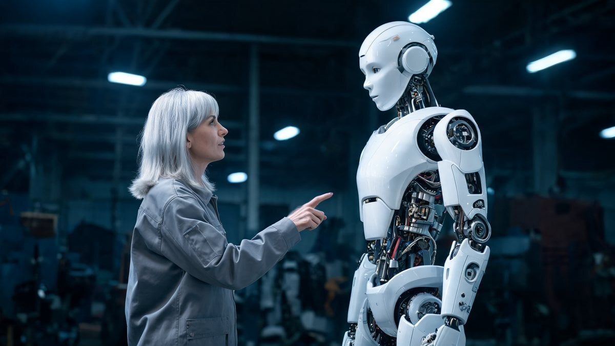 An engineer gesturing to a white humanoid robot in a dark industrial hall