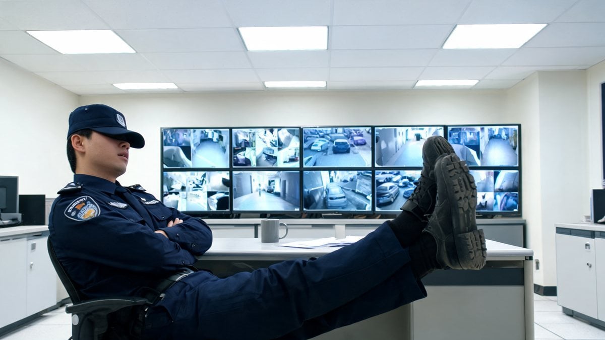 A security guard asleep with feet on the desk in front of CCTV monitors