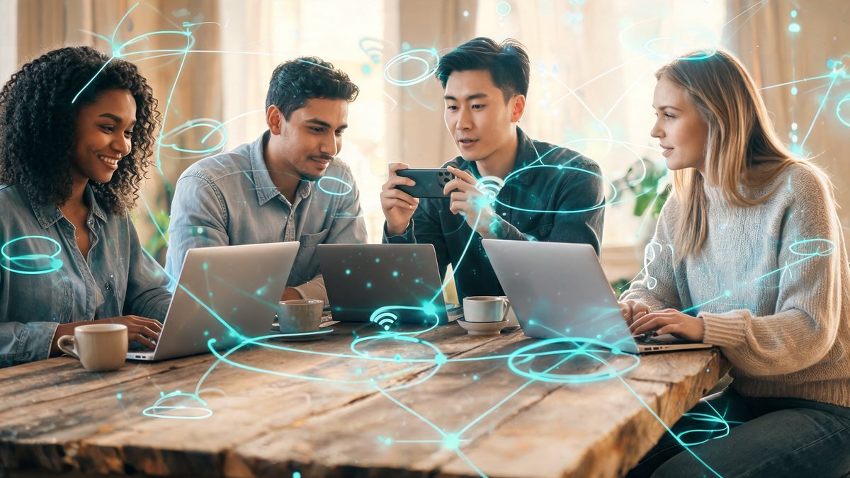 Colleagues working together around a table with glowing network rings overlaid
