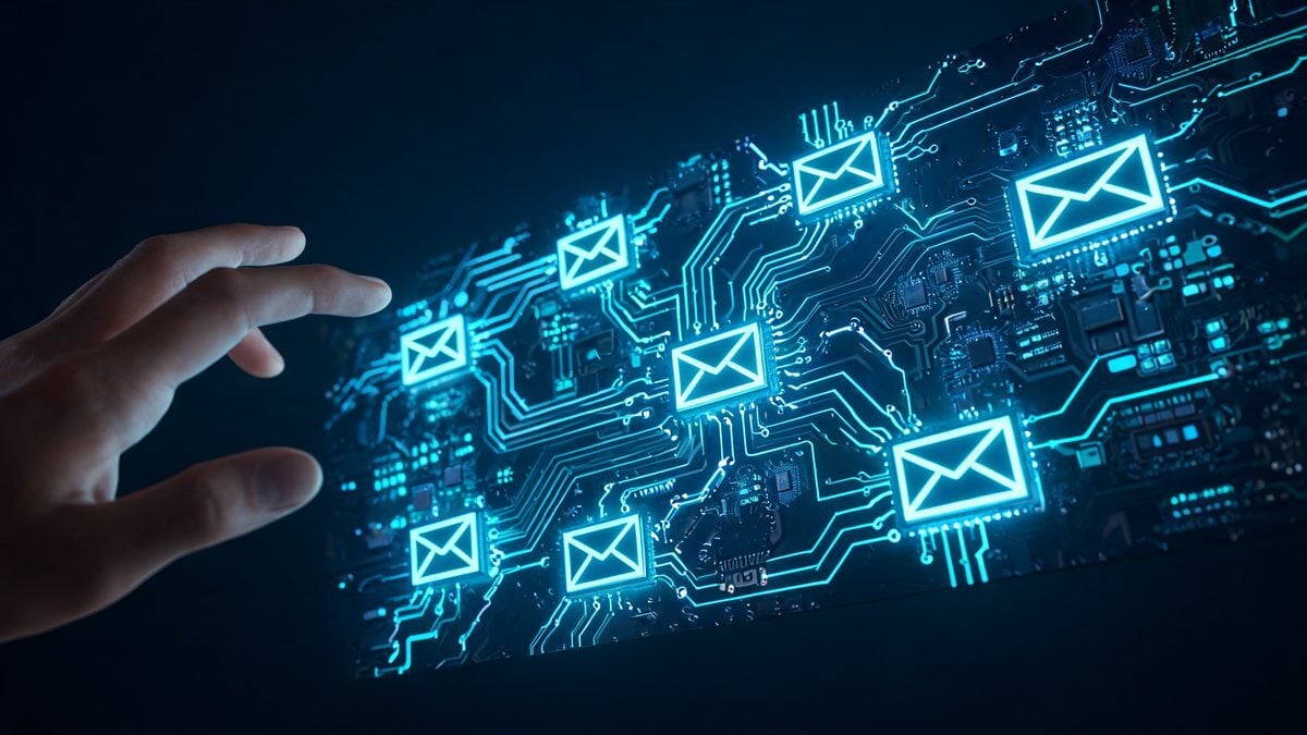 Envelope icons on a glowing blue circuit board with a hand reaching toward them