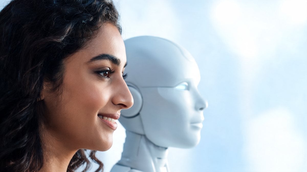 A smiling woman in profile beside a white humanoid robot head