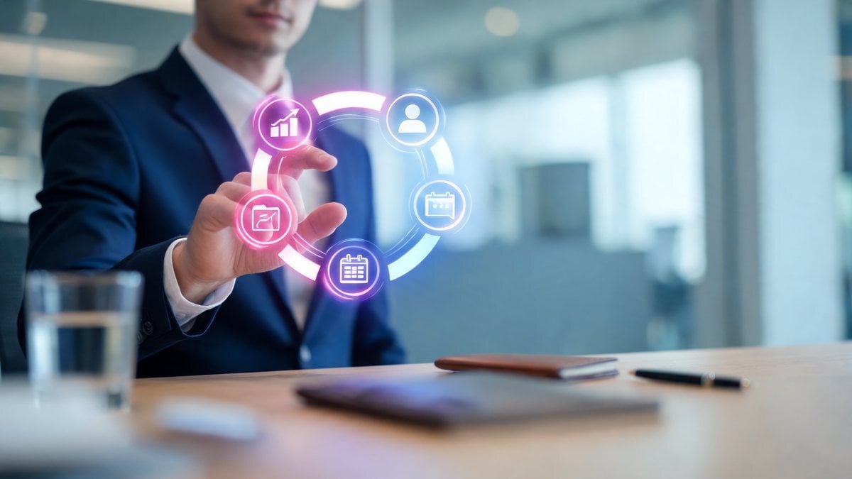 A businessperson touching a glowing circular menu of icons