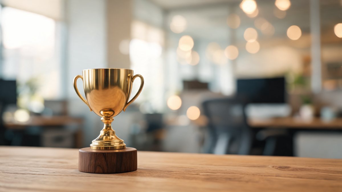 A gold trophy cup on a wooden table with a blurred office behind