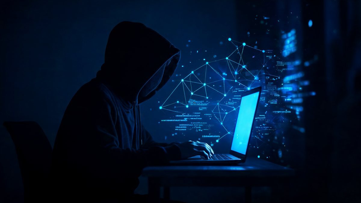 A hooded figure at a laptop surrounded by glowing code and network lines