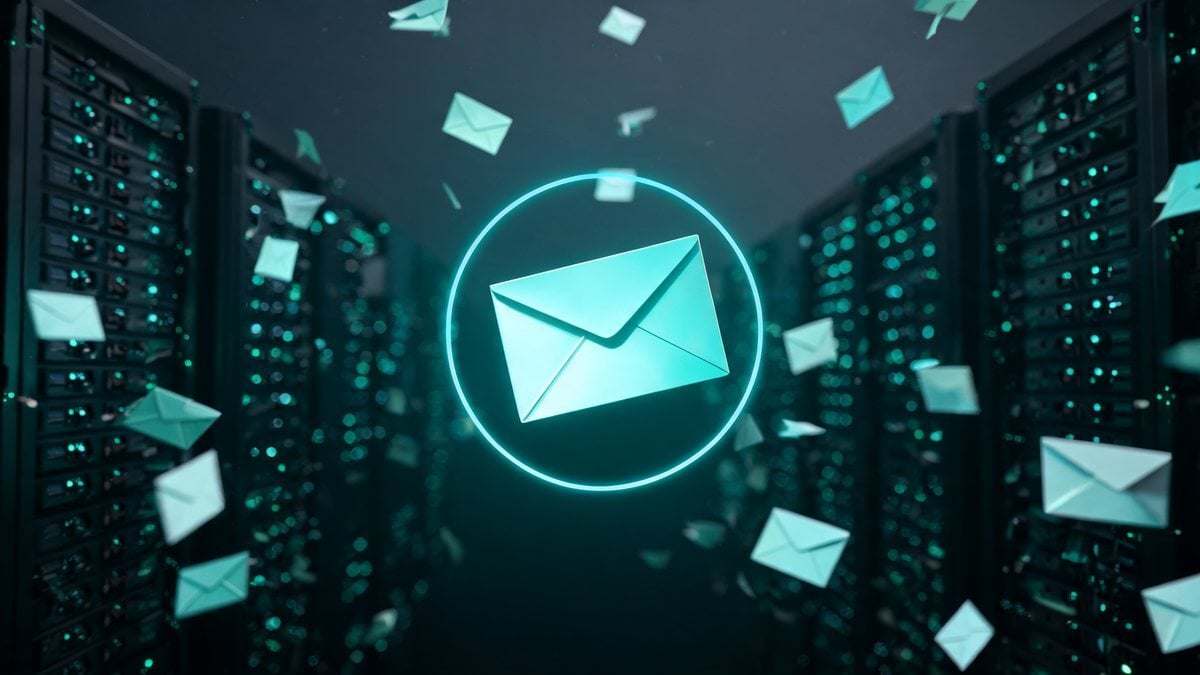 A glowing envelope inside a ring surrounded by floating envelopes over server racks