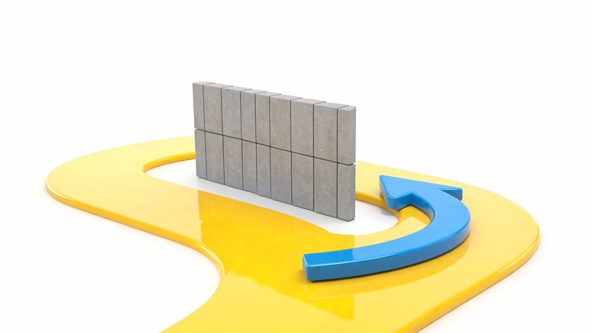 A blue arrow curving around a gray wall barrier on a yellow path