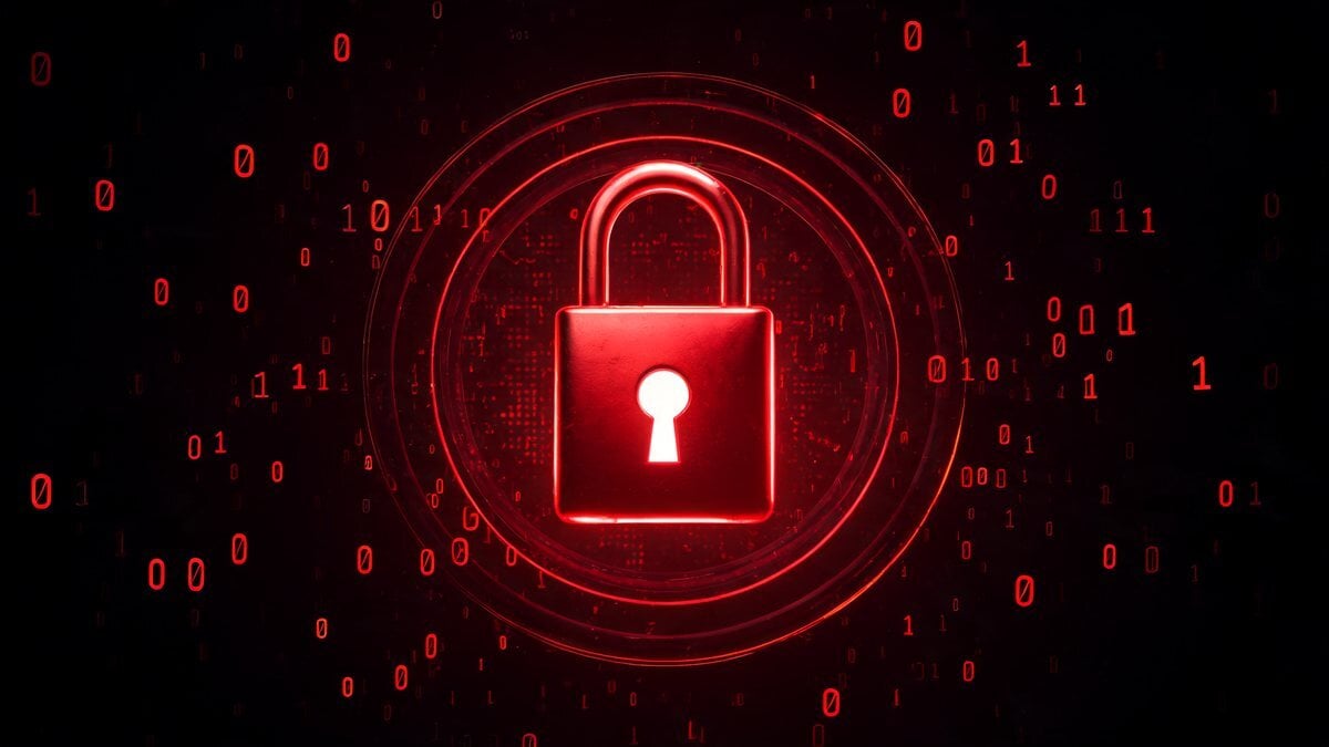 A glowing red padlock inside digital rings over red binary code