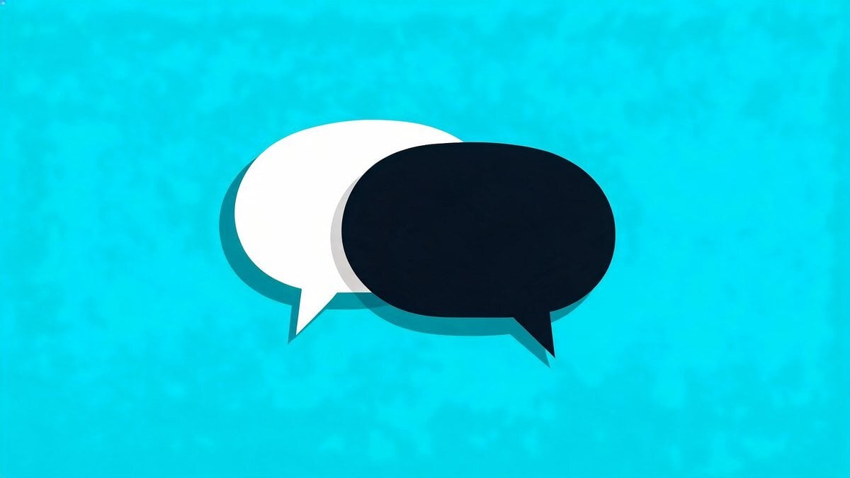 Overlapping black and white speech bubbles on a bright blue background