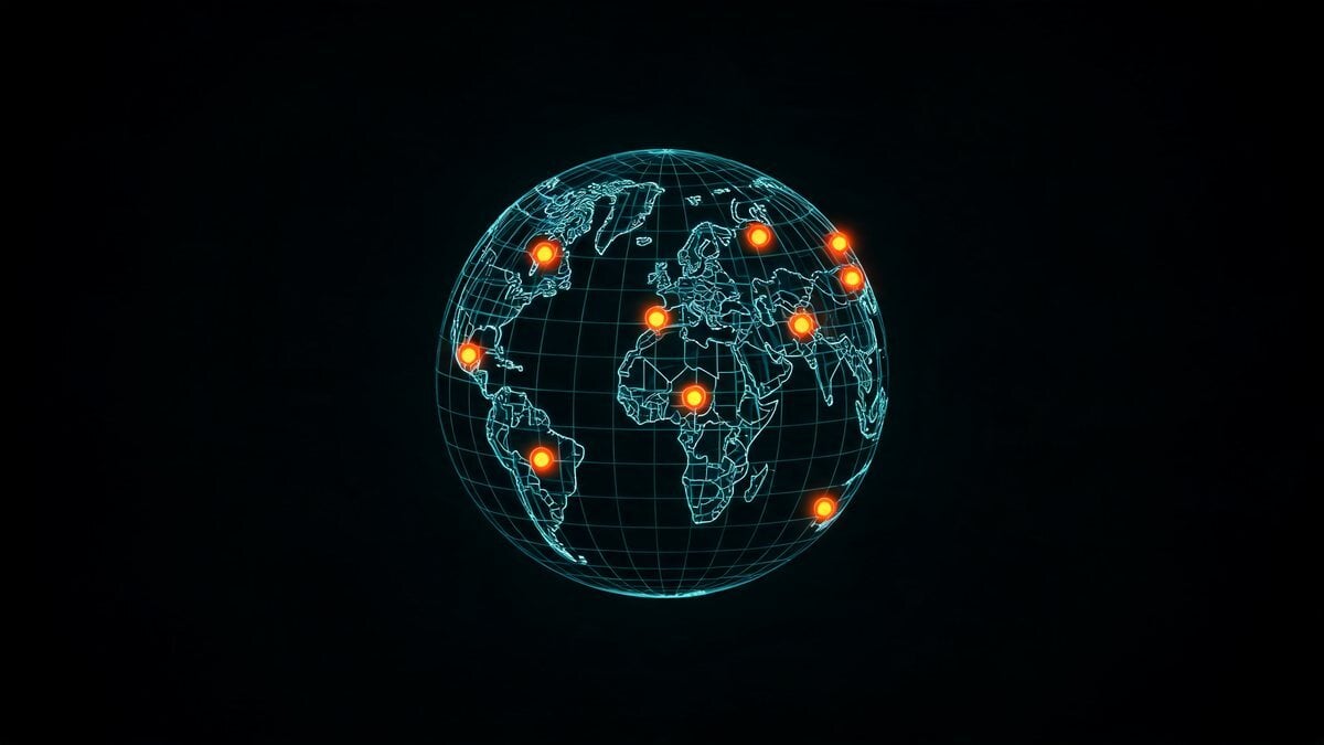 A dark digital globe with glowing orange alert markers on a black background