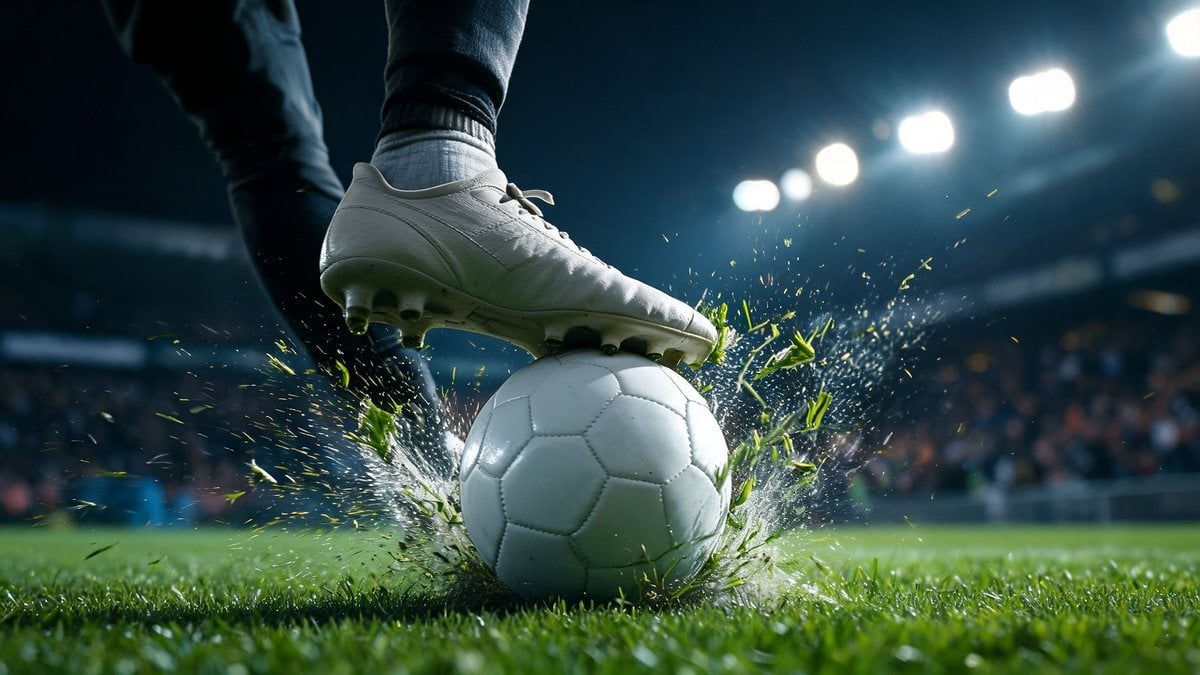 A soccer boot striking a ball on a floodlit pitch