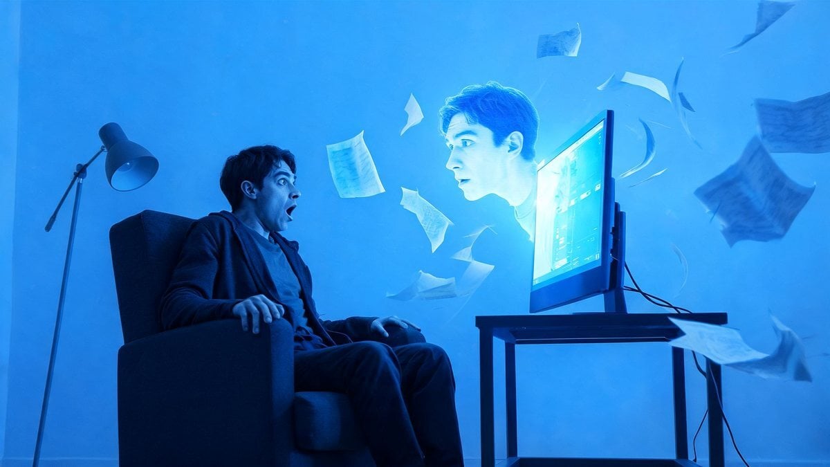 A person recoiling in an armchair as a duplicate of their own face emerges from a glowing screen