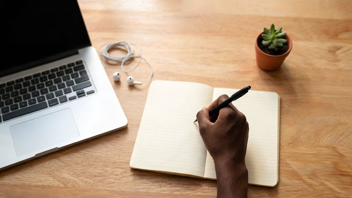 Overhead view of a wooden desk with a laptop, earbuds and a small plant, with a hand writing in a notebook