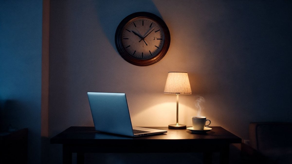 An analog wall clock above a desk with a laptop and a coffee cup in a dim office