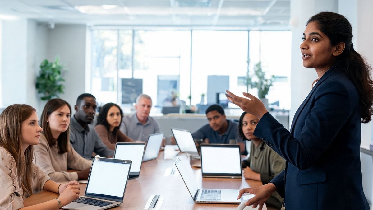An instructor presenting to employees seated at laptops around a long table in a bright training room